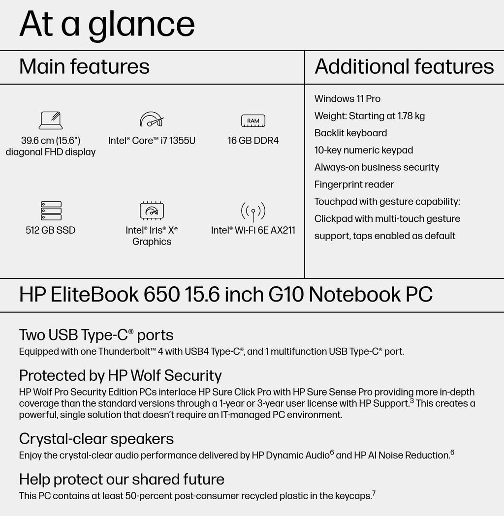 HP EliteBook 650 G10 Intel® Core™ i7 i7-1355U Laptop 39.6 cm (15.6") Full HD 16 GB DDR4-SDRAM 512 GB SSD Wi-Fi 6E (802.11ax) Windows 11 Pro Silver