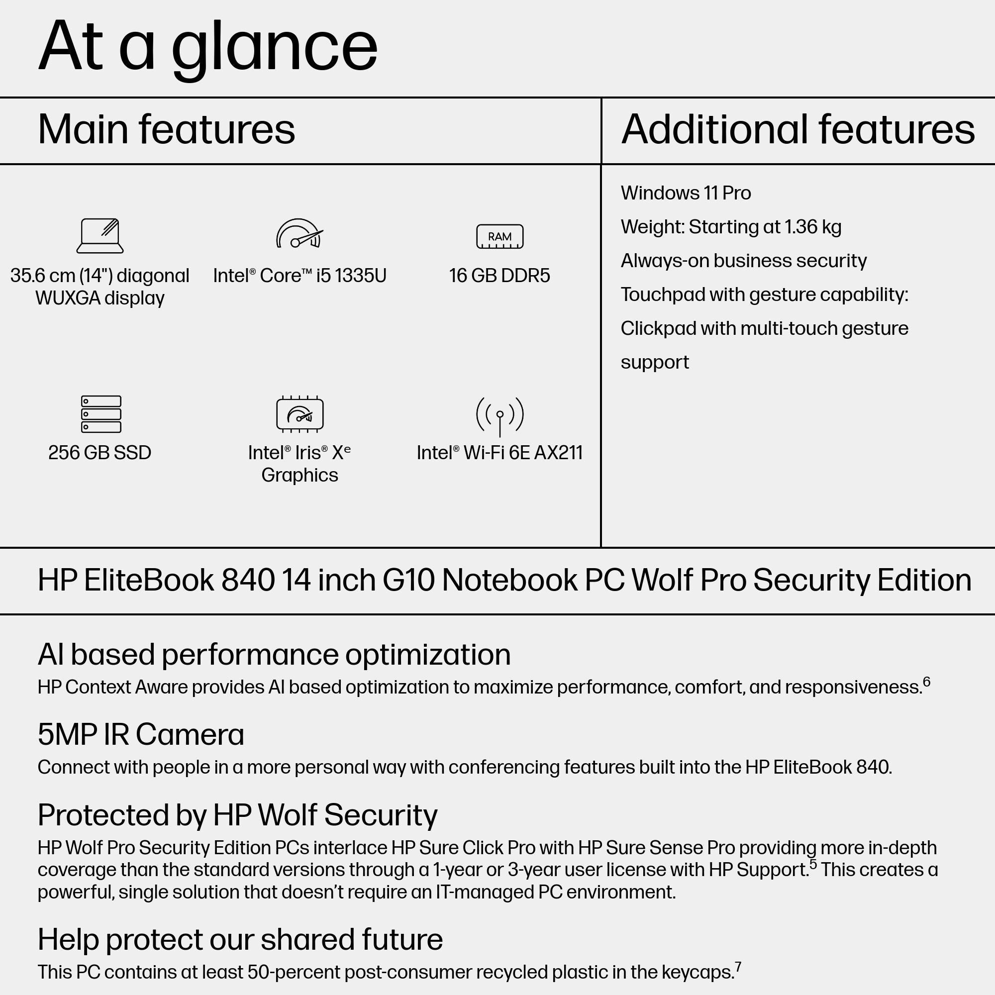 HP EliteBook 840 G10 Wolf Pro Security Edition Intel® Core™ i5 i5-1335U Laptop 35.6 cm (14") WUXGA 16 GB DDR5-SDRAM 256 GB SSD Wi-Fi 6E (802.11ax) Windows 11 Pro Silver