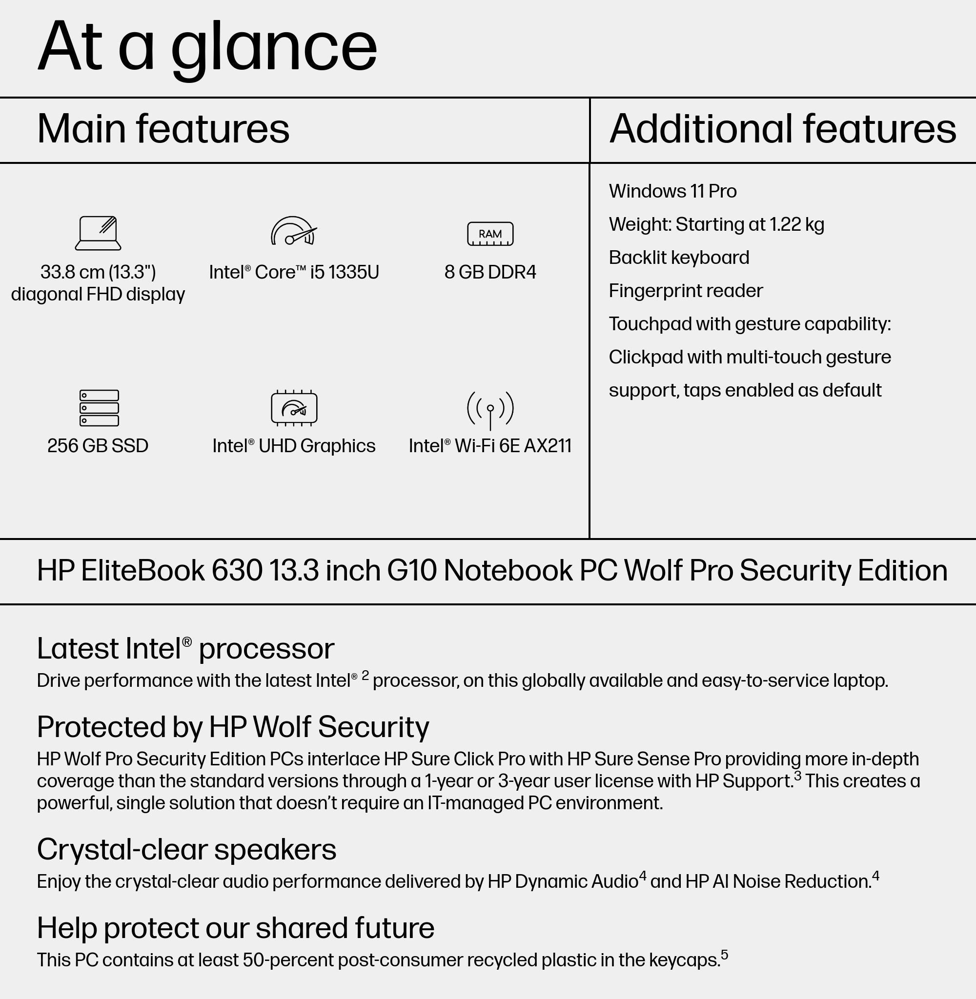 HP EliteBook 630 G10 Intel® Core™ i5 i5-1335U Laptop 33.8 cm (13.3") Full HD 8 GB DDR4-SDRAM 256 GB SSD Wi-Fi 6E (802.11ax) Windows 11 Pro Silver